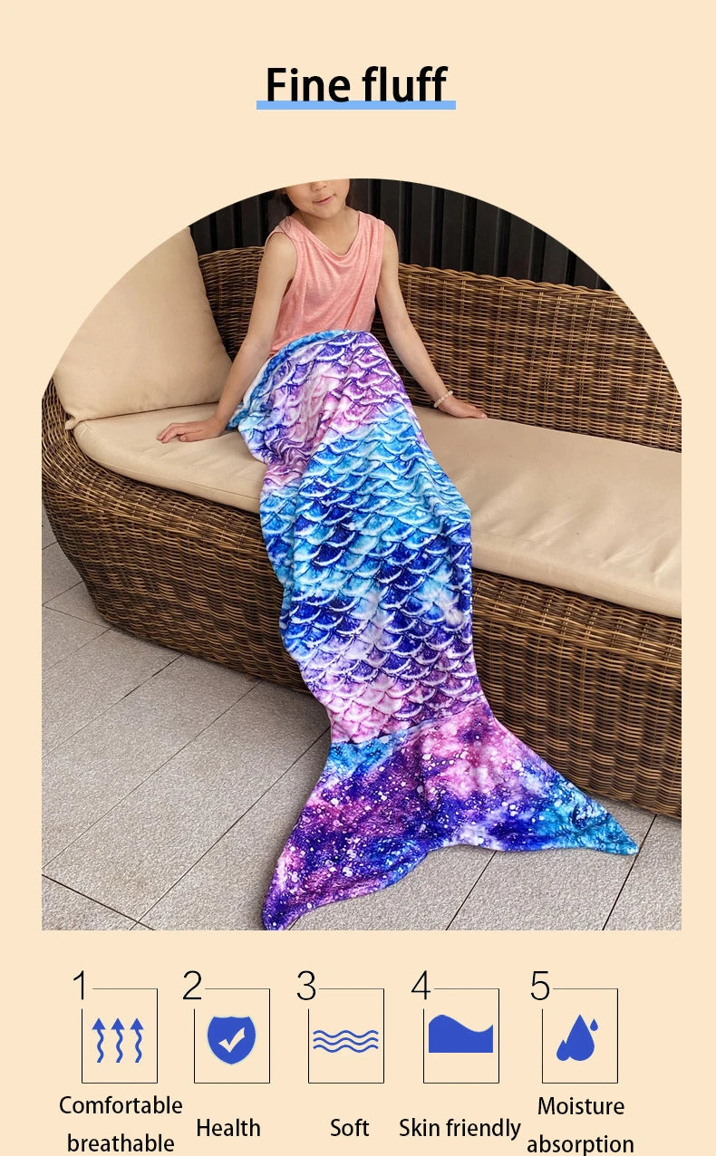 Mermaid Blanket Sleeping Bag — Anti-Kick Flannel Quilt with Soft Fabric, High Color Fastness, Fish Tail Design for Kids’ Birthday Gift