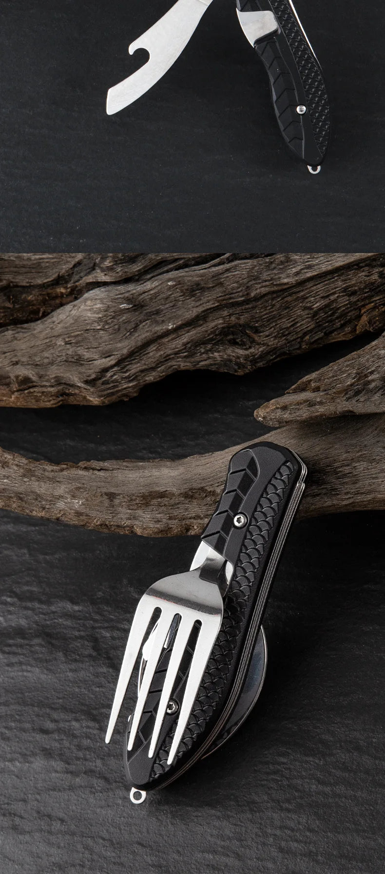 Portable Stainless Steel Camping Cutlery Set – Foldable Spoon, Fork, Knife & Bottle Opener Multitool