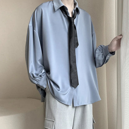 Men’s  Oversized Shirt - Loose Fit Long Sleeve Casual Black Tie Breathable Harajuku Top