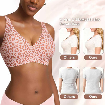 Women’s Pink Leopard Print Bra – Seamless Wire-Free Full Cup Underwear, Soft Support, Breathable Deep V Design