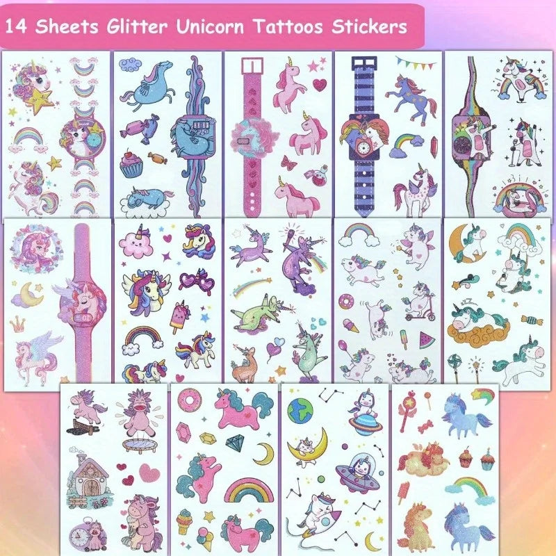 14-Sheet Glitter Unicorn Temporary Tattoos - Colorful Kids' Body Art & Decorative Stickers