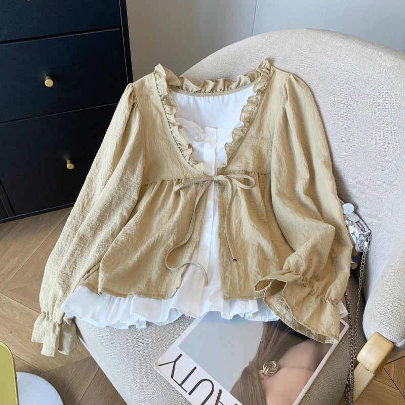 Casual Women’s Lace Collar Shirt – Sweet Fake Two-Piece Long Sleeve Top, Autumn 2024 Fashion