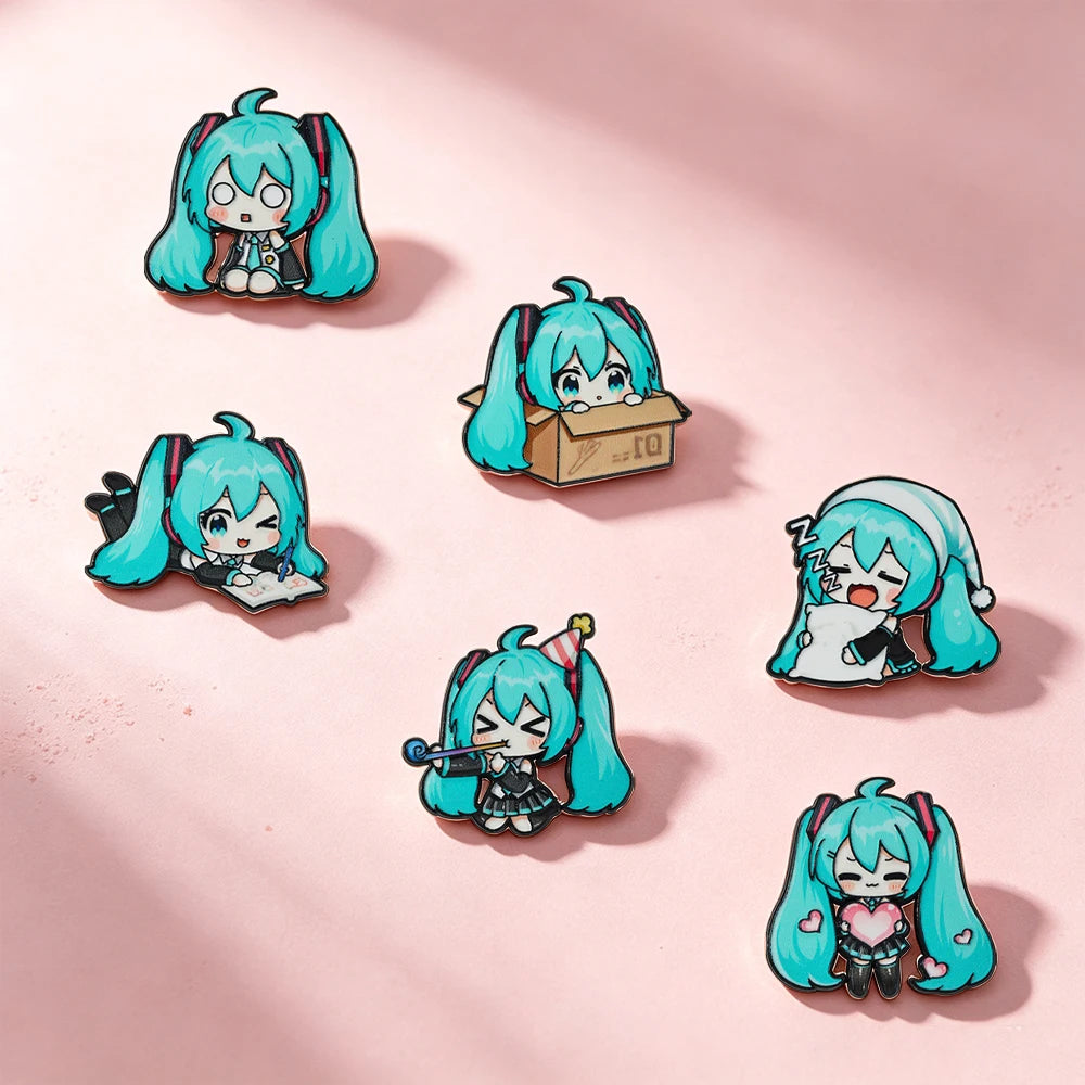 6-Piece Kawaii Chibi Vocaloid Enamel Pin Set - Cute Anime Metal Lapel Badges for Backpacks & Gifts