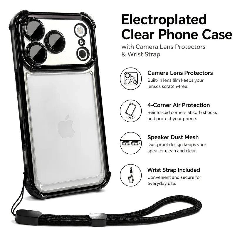 Luxury Clear Shockproof iPhone Case - Wrist Strap, Lens Protector & Protective Cover