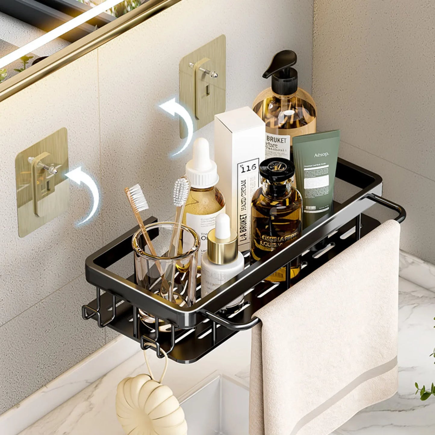 No Drill Wall-Mounted Bathroom Shelf, Shampoo Bottle Shower Corner Rack, Aluminum Toilet & Kitchen Storage Accessory