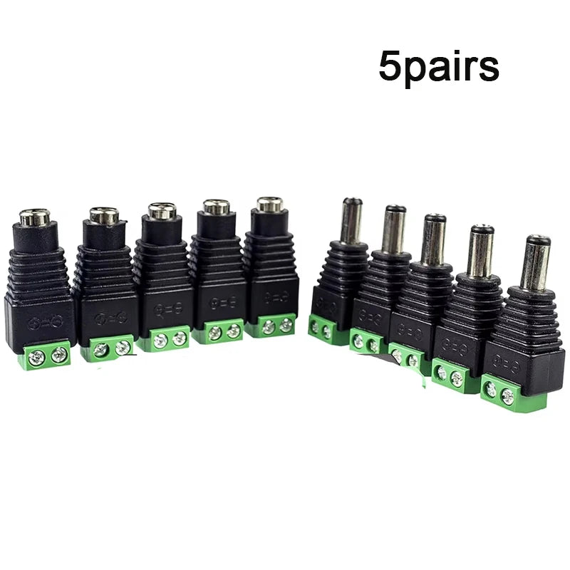 5-Pair 12V DC Power Connector Set - 2.1mm × 5.5mm Male & Female Barrel Plug Jack for LED Strips, Cameras & Power Supplies
