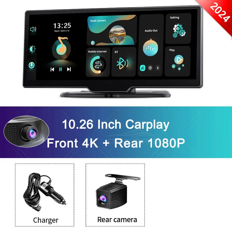OBDPEAK K2 2.0 Dash Cam – 10.26" 4K Car DVR with CarPlay & Android Auto, GPS Navigation, Rearview Mirror Video Recorder