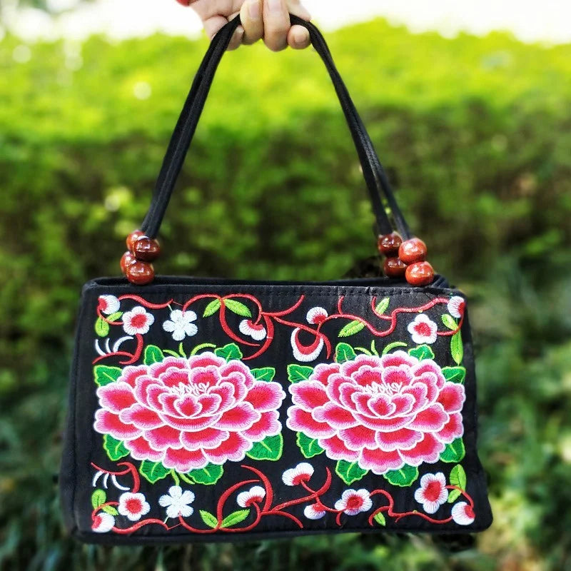Embroidered Canvas Top Handle Bag for Women - Double Layered with Zippered Compartments, Ideal for Work and Play