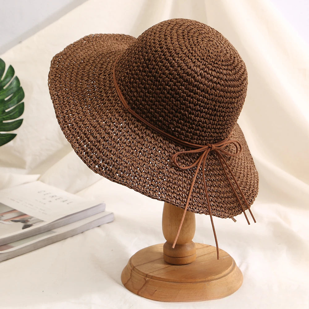 Women’s Holiday Beach Sun Hat – Large Brim Woven Straw Fisherman Hat with Bow, Seaside Sun Protection Panama Chapeau Korean Style