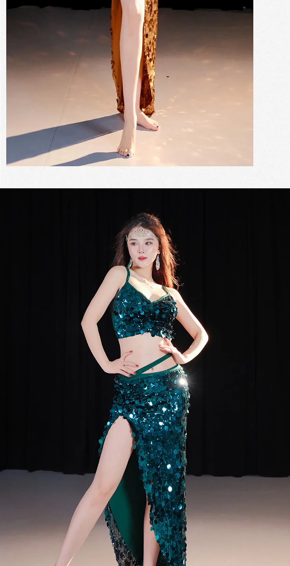 2-Piece Belly Dance Costume Set for Women – Sexy Sequin Top & Skirt Outfit for Stage Performance & Training