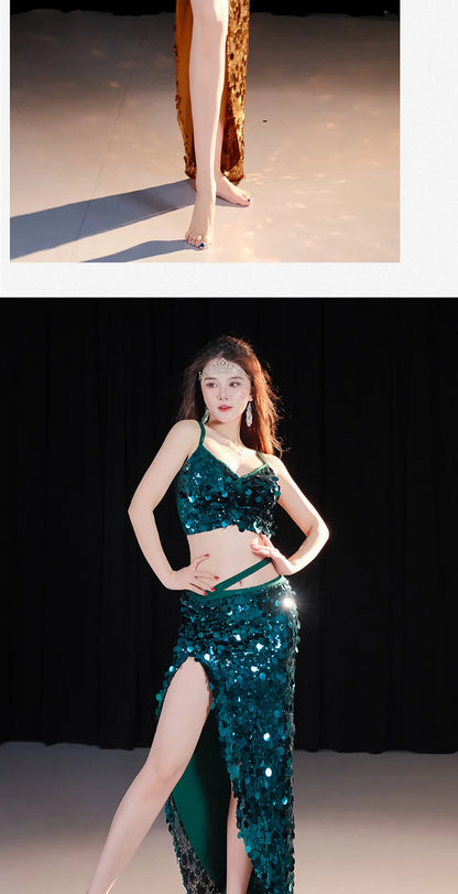 2-Piece Belly Dance Costume Set for Women – Sexy Sequin Top & Skirt Outfit for Stage Performance & Training