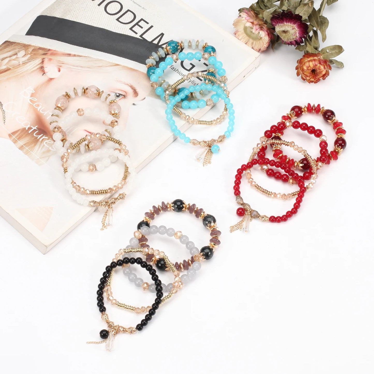 Bohemian Stackable Bead Bracelets - Multilayer Charm Stretch Bangles for Women
