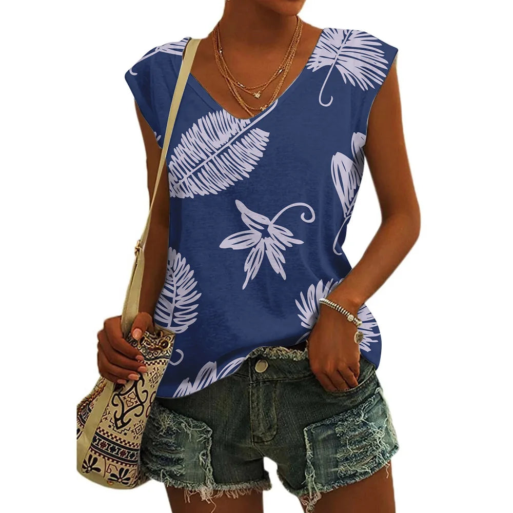 Women’s Floral Print T-Shirt - V Neck Cap Sleeve Loose Fit Summer Beach Top with Breathable Casual Style