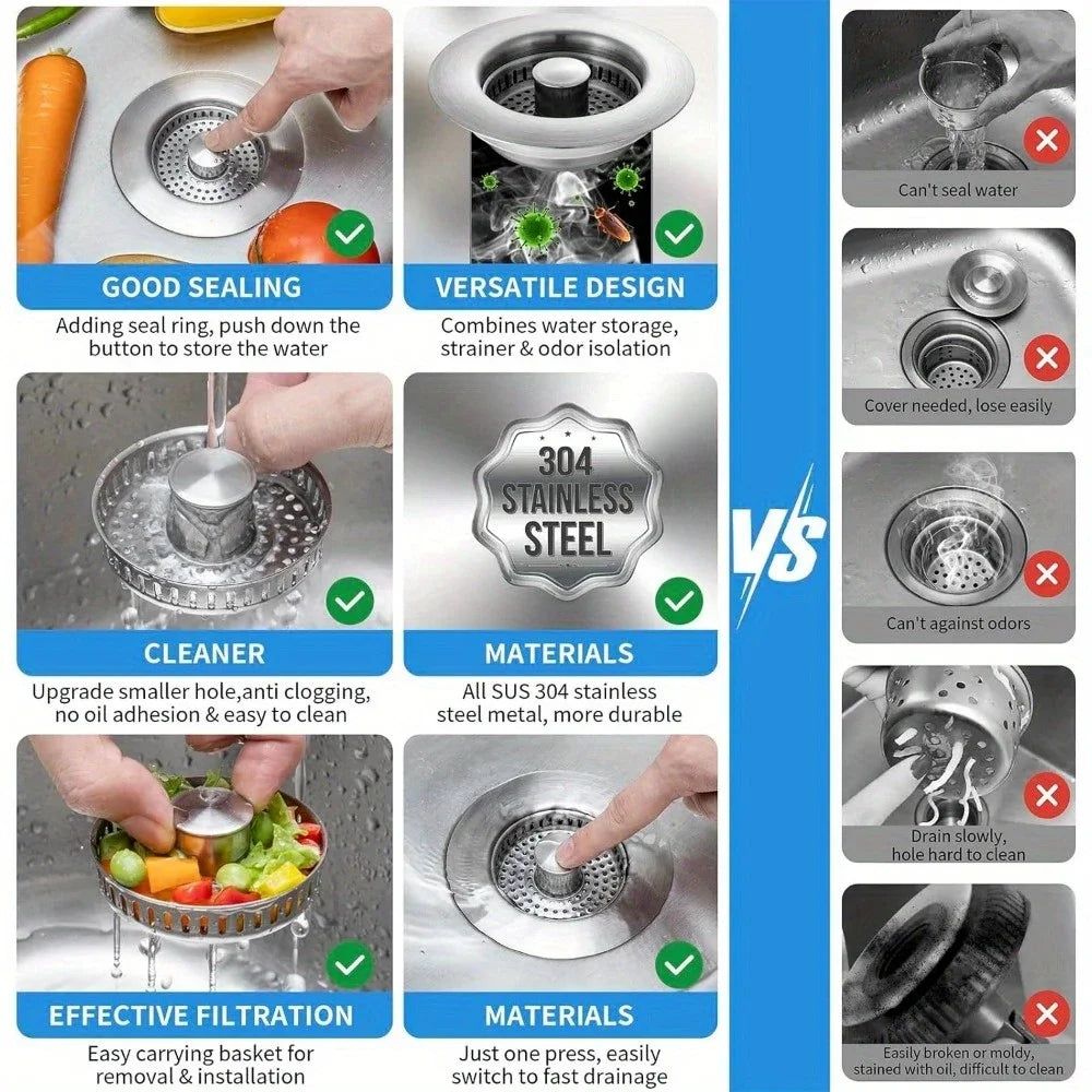 3-in-1 Stainless Steel Kitchen Sink Strainer - Pop-Up Drain Stopper with Anti-Clogging Basket & Odor Filter