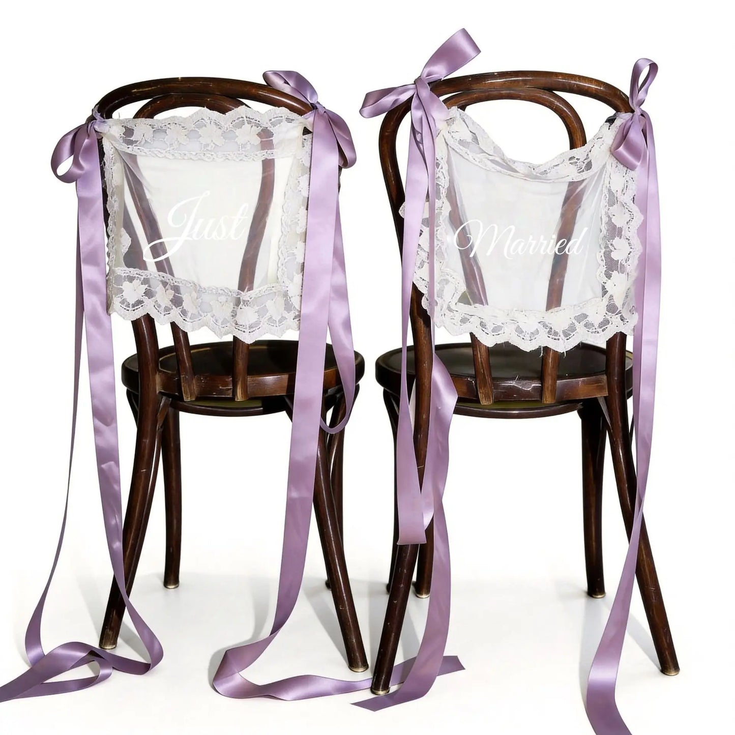 Personalized Just Married Chair Signs - Lace Wedding Chair Banners for Bride & Groom