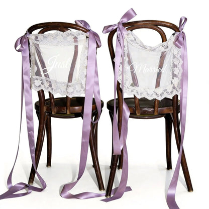 Personalized Just Married Chair Signs - Lace Wedding Chair Banners for Bride & Groom