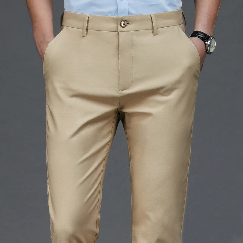 Men's Stretch Solid Black Pants - Smart Casual Office Trousers, Quick Dry Suit Pants for Spring & Autumn, Korean Straight Fit