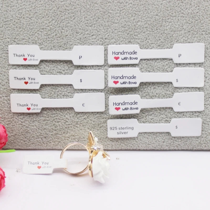 100PCS Multi-Style Ring Price Labels — White & Kraft Jewelry Tag Stickers 6×1.2cm