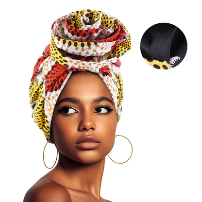 African Satin Lined Turban Cap - Floral Print Big Flower Headwrap Bonnet for Women Muslim Headscarf Beanie Hat