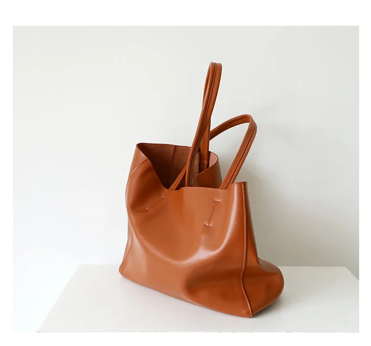 Customizable Name Large Capacity Commuter Bag – 100% Genuine Leather Soft Tote, Single Shoulder & Diagonal Shopping Bag