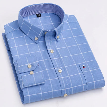 Men’s Cotton Oxford Shirt - Smart Casual Long Sleeve Plaid Print Dress Shirt, Regular Fit up to 6XL