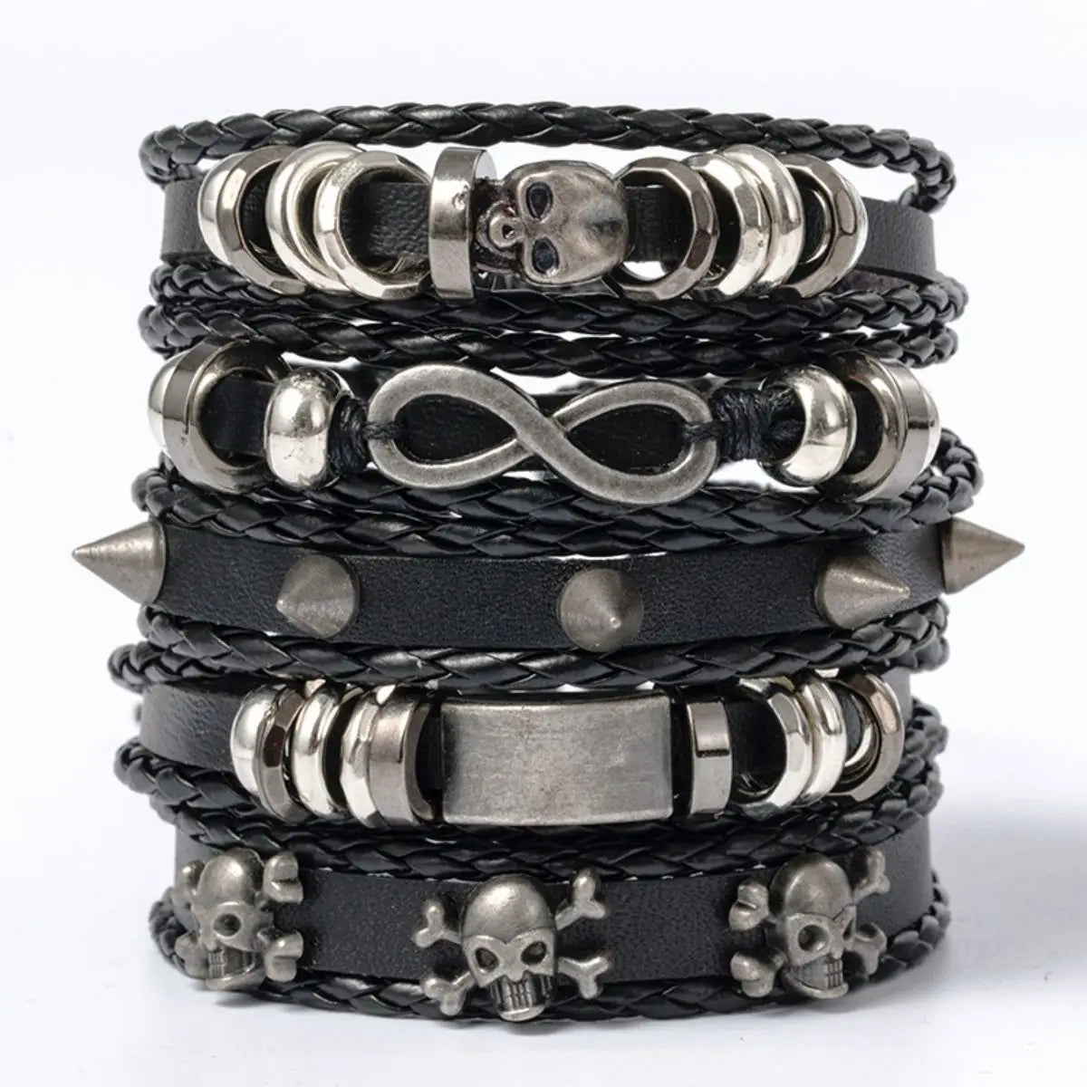 5PCS Punk Bracelet Set - DIY Braided PU Leather Beaded Metal Wristbands