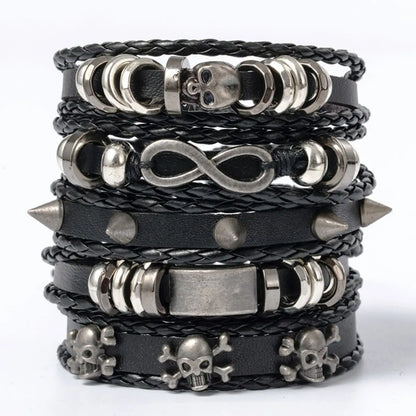 5PCS Punk Bracelet Set - DIY Braided PU Leather Beaded Metal Wristbands