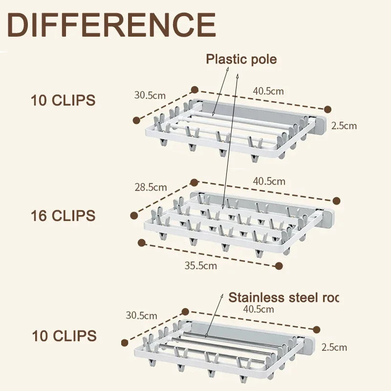 Wall-Mounted Folding Drying Rack with Windproof Sock Clips – Space-Saving Clothing Hanger for Household Laundry