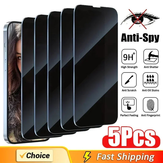 5Pcs Full Cover Privacy Screen Protector - 8K Anti-Spy Tempered Glass for iPhone 16 15 14 13 12 11 Pro Max Mini XR X XS
