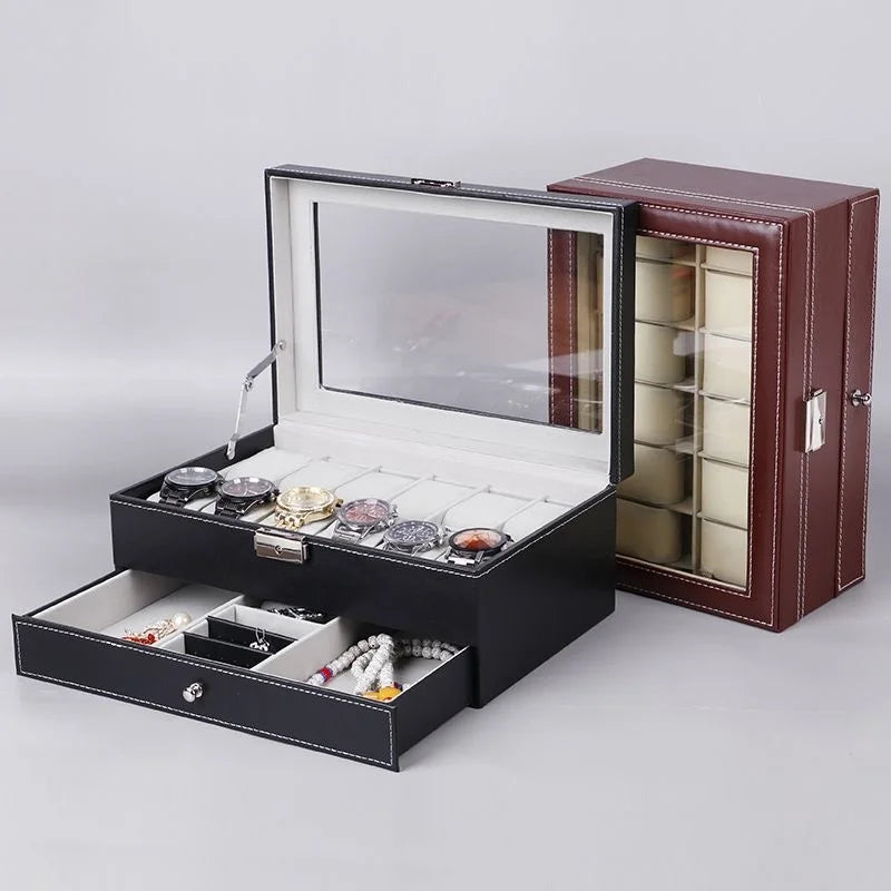 PU Leather Jewelry & Watch Organizer Box — Storage Case for Rings, Earrings, Bracelets, Perfect Gift Casket