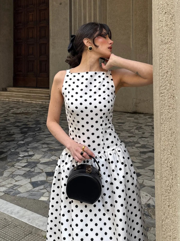 Elegant Women’s Polka Dot Maxi Dress – Chic Sleeveless Round Neck High Waist Slim Fit Vestido for Party & Street, 2025 New