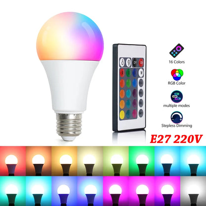 16-Color RGB LED Bulb E27 – Dimmable Multicolor 220V Household Lighting with 24-Key Remote & Neon Atmosphere Light