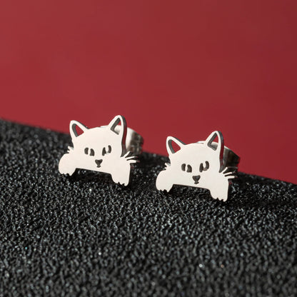 Jisensp Cartoon Cat Earrings — Cute Stainless Steel Kitten Studs for Women & Girls, Funny Animal Jewelry