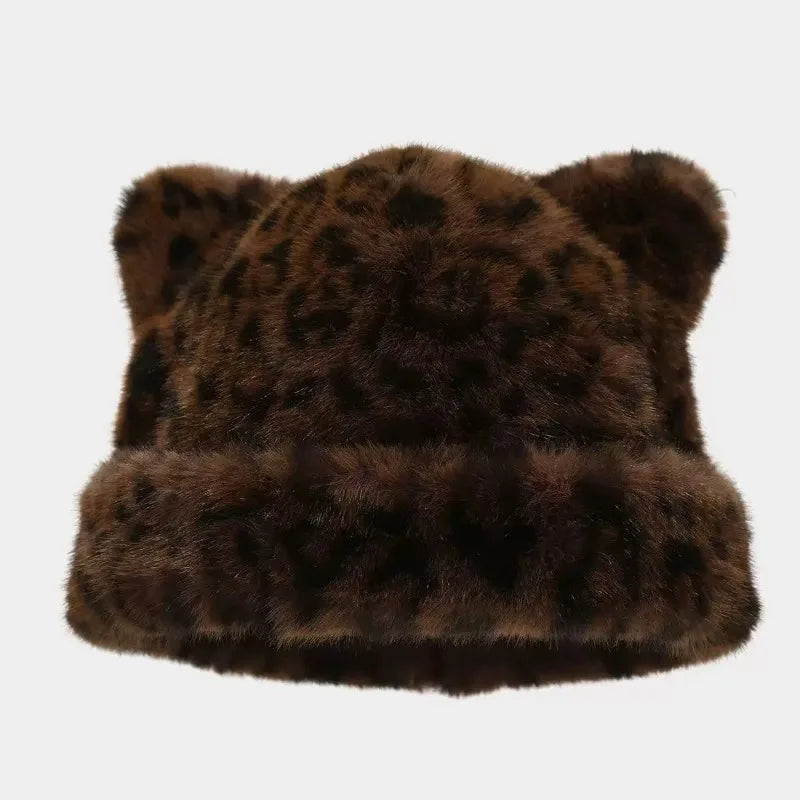 Leopard Print Plush Teddy Bear Hat – Sweet & Cute Women’s Hooded Beanie, Thick, Warm & Retro Style