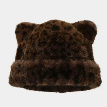 Leopard Print Plush Teddy Bear Hat – Sweet & Cute Women’s Hooded Beanie, Thick, Warm & Retro Style