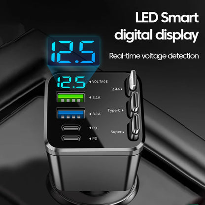 Elough 7-in-1 Retractable Car Charger - Multi-Port USB-C & iOS Charging Adapter with Quick Charge Support for iPhone & Samsung