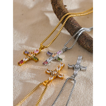 Yhpup Colorful Cubic Zirconia Cross Pendant Stainless Steel Luxury Necklace – Shiny Fashion Jewelry Gift for Women