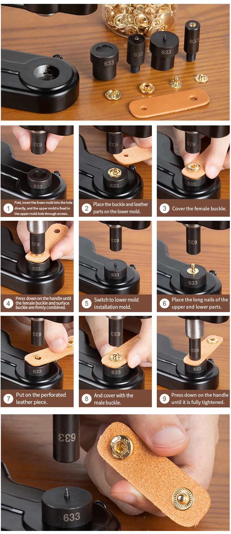 WUTA Manual Button Installation Tool – Mute Punching for Mushroom Rivets & Eyelets, DIY Hand Pressing Tool (With/Without Machine)