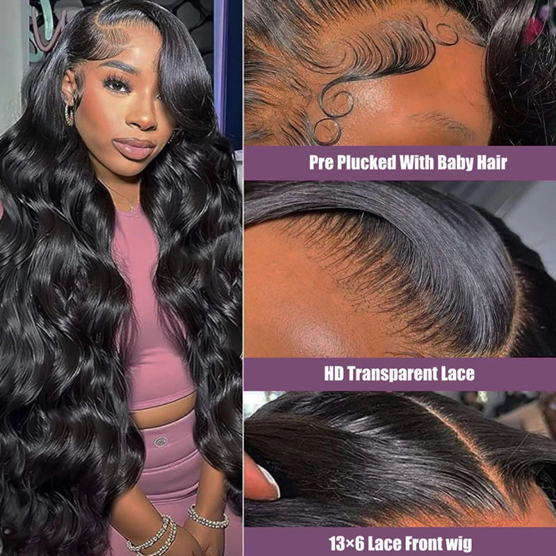 Body Wave Lace Front Wig – 13x6 & 13x4 Pre-Plucked Human Hair, 200% Density with Baby Hair, Natural Black for Women