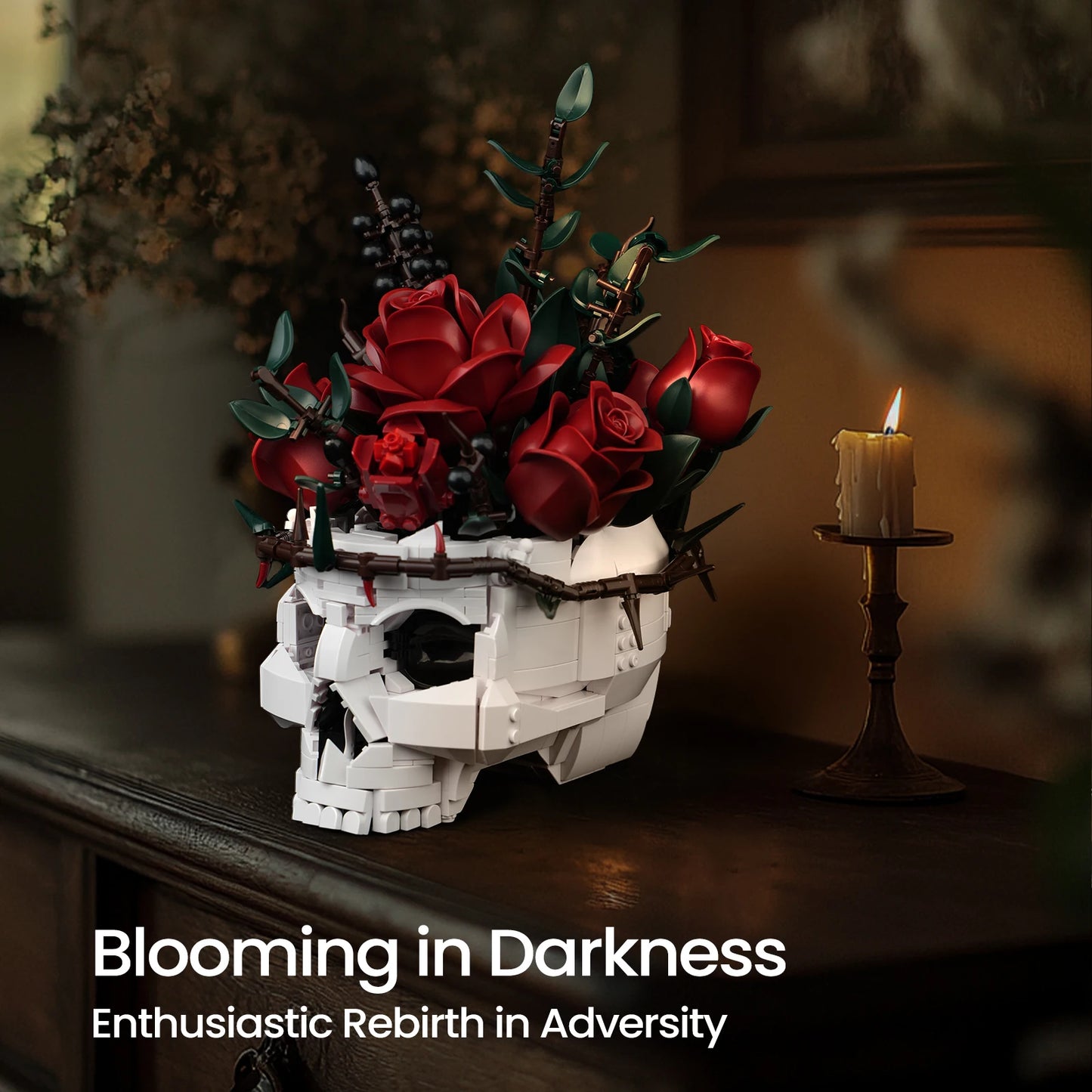 Skull Roses Bouquet Building Set – Gothic Skeleton Flower Pot Blocks for Horror Home Decor & Adult Christmas Gift