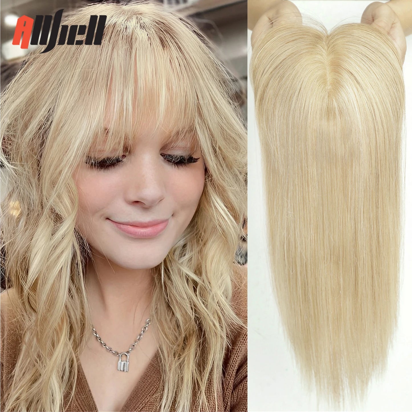 Brown Blonde Ombre Human Hair Toppers for Women – 10/12/14 Inches with Silk Base, Clips, and Bangs