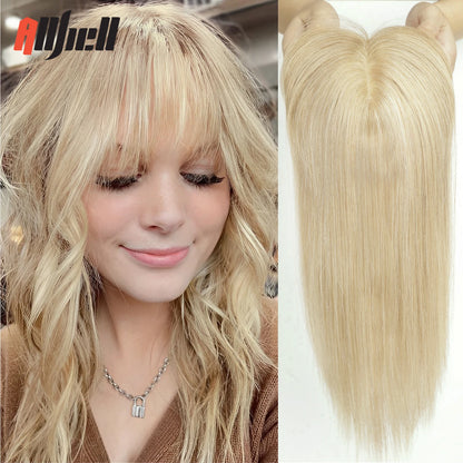 Brown Blonde Ombre Human Hair Toppers for Women – 10/12/14 Inches with Silk Base, Clips, and Bangs
