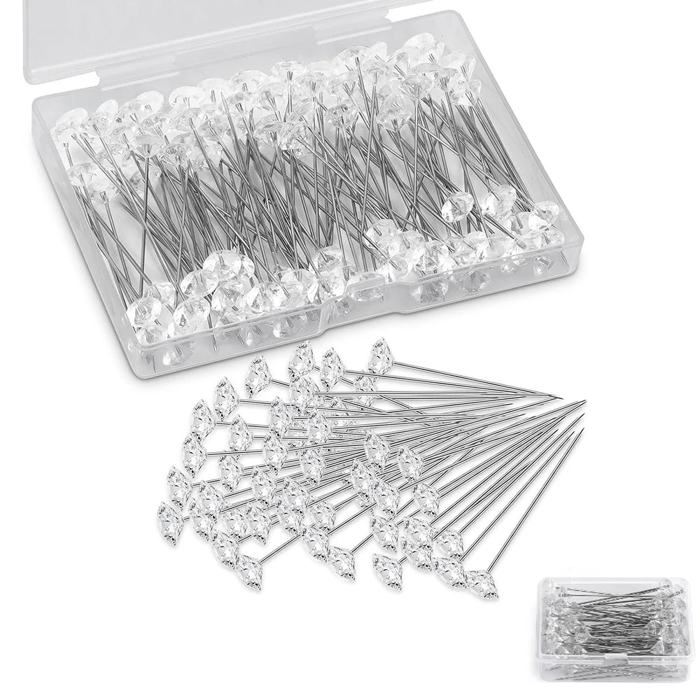 100/200PCS Diamond Rhinestone Sewing Pins – Straight Head Positioning Needles for DIY Crafts & Sewing Tool Accessories