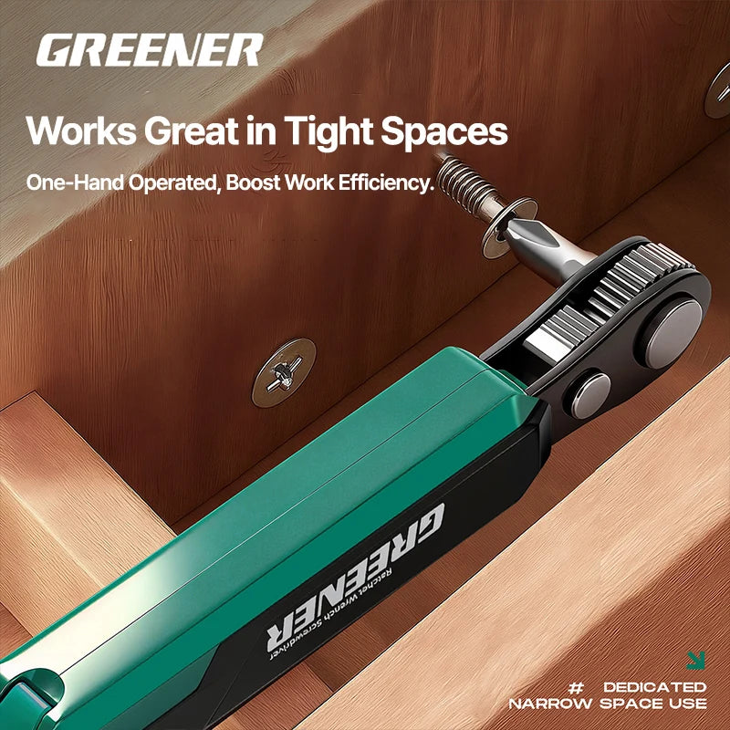 GREENER 36T Mini Right-Angle Ratchet Wrench - 1/4" Hex Drive Quick-Release Tool for Tight Spaces