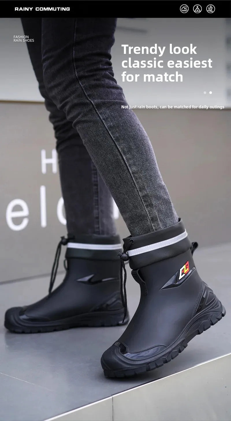 Men’s Ankle-High Fleece-Lined Rain Boots – Waterproof, Anti-Slip, Wear-Resistant Work & Fishing Shoes