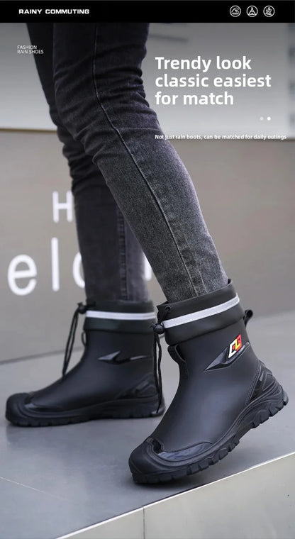 Men’s Ankle-High Fleece-Lined Rain Boots – Waterproof, Anti-Slip, Wear-Resistant Work & Fishing Shoes
