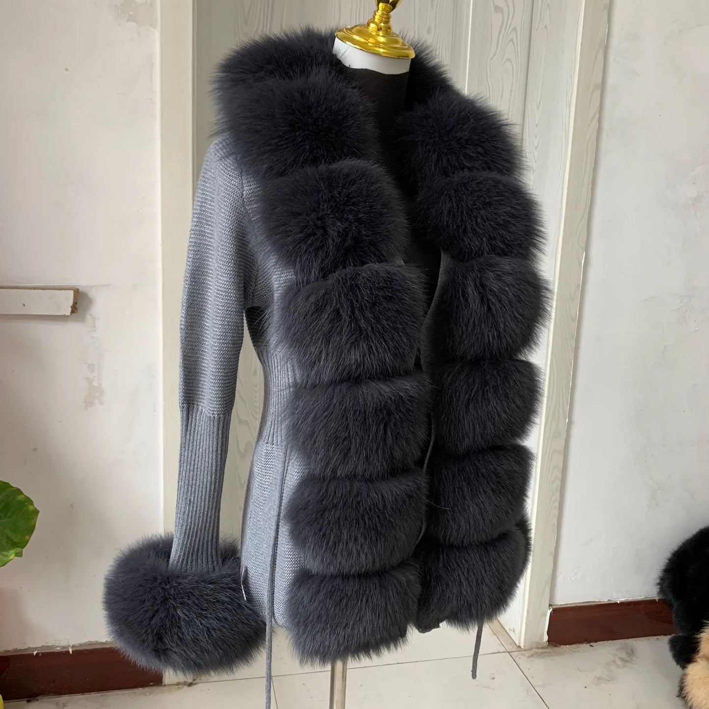 Women’s Spring & Autumn Sweater Cardigan – Real Fox Fur Collar Jacket, Natural Fur Outerwear