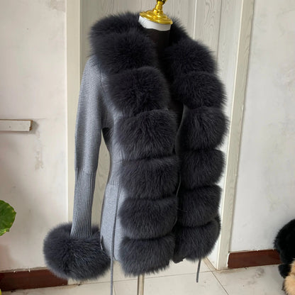 Women’s Spring & Autumn Sweater Cardigan – Real Fox Fur Collar Jacket, Natural Fur Outerwear