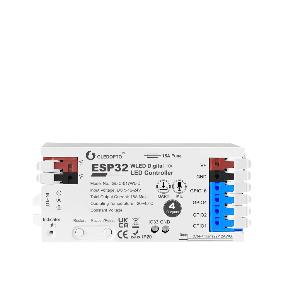 ESP32 WLED LED Strip Controller 4-Channel 15A Fuse, Level Shifter UART DIY Smart Lighting Module with Voice Control Support
