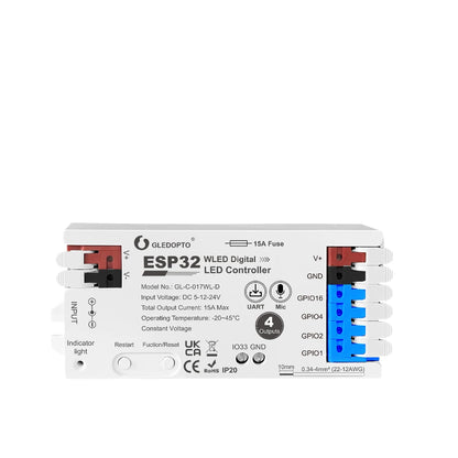 ESP32 WLED LED Strip Controller 4-Channel 15A Fuse, Level Shifter UART DIY Smart Lighting Module with Voice Control Support